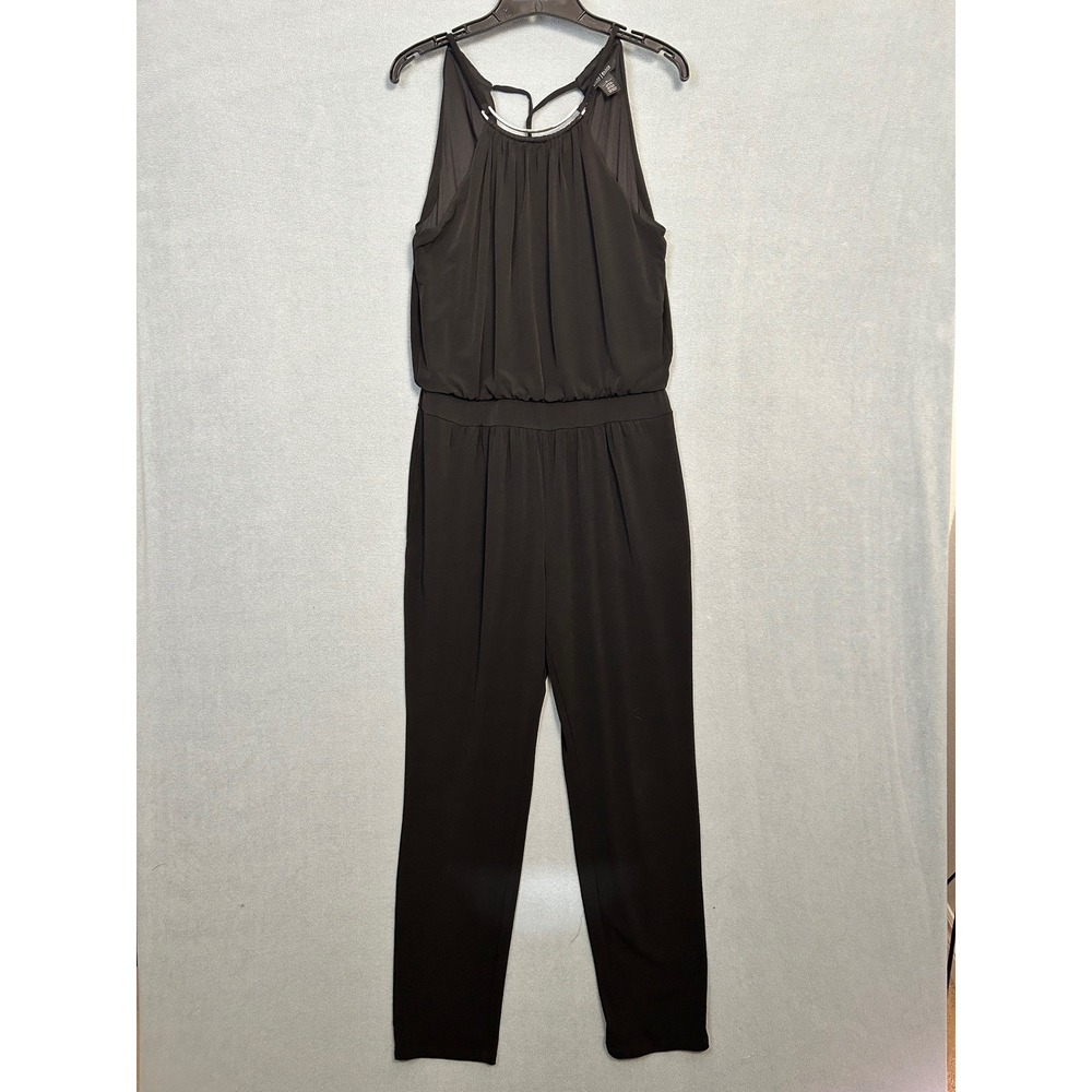 White House Black Market Black Halter Jumpsuit Silver Ring Detail Size 10